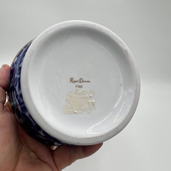ROYAL DANUBE #1886 Calico Porcelain candy trinket lidded dish Blue Roses Gold Ri - Picture 7 of 11